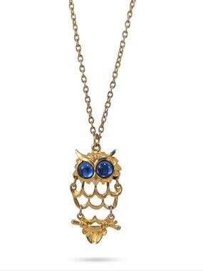 Vintage 70s Articulated Gold Tone Owl Necklace Blue Eyes